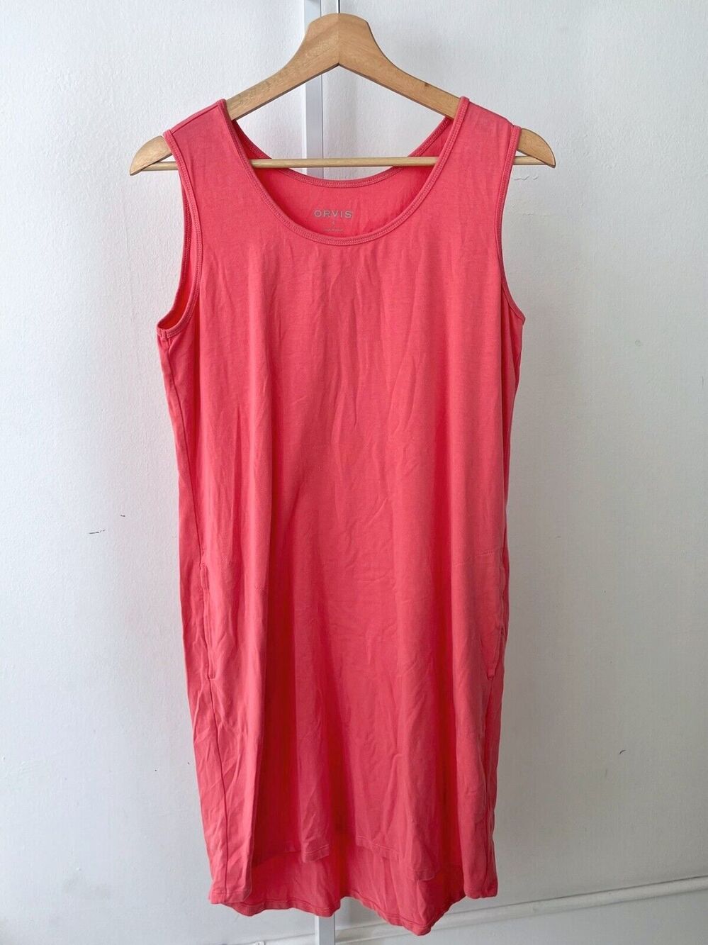 ORVIS S Sleeveless Tank Shift Dress Scoop Neck Pockets Organic Cotton Blend Pink